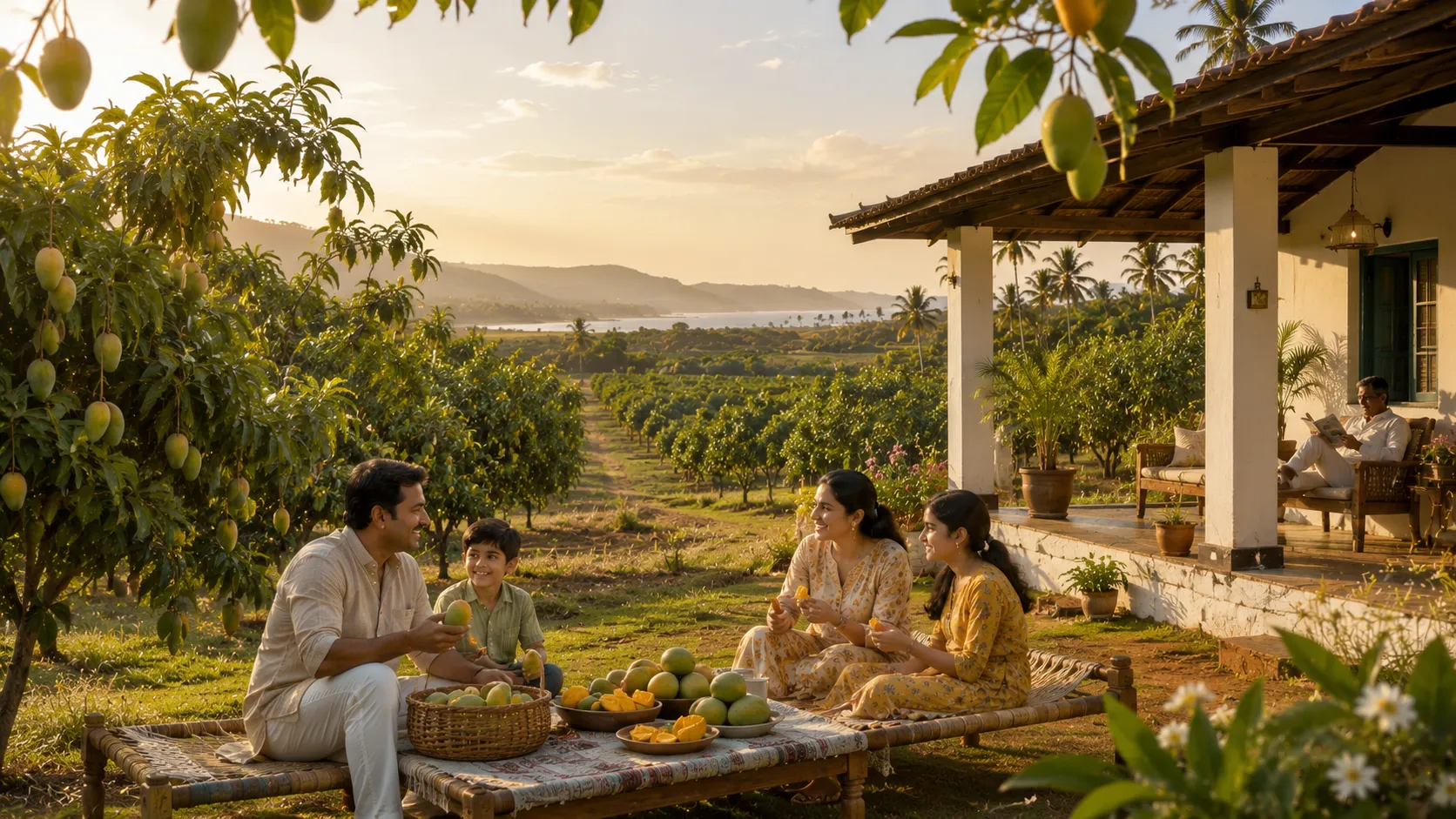 A family sharing freshly picked mangoes on a charpai beside the orchard, farmhouse verandah and coastline behind