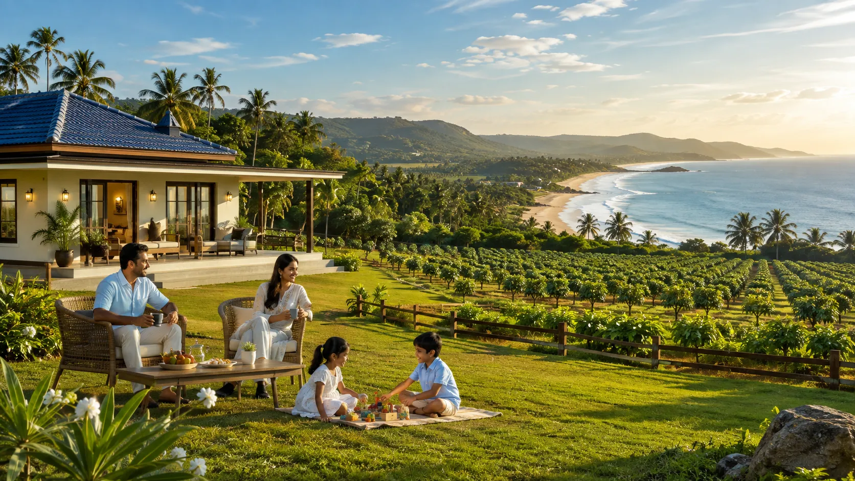 A family having morning chai on the lawn of their farmhouse, with the orchard and Konkan coastline beyond